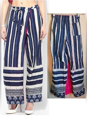 NWT Sangria Trousers M Mixed Striped Sea Shell Blue Hot Pink Boho Spring U-2256